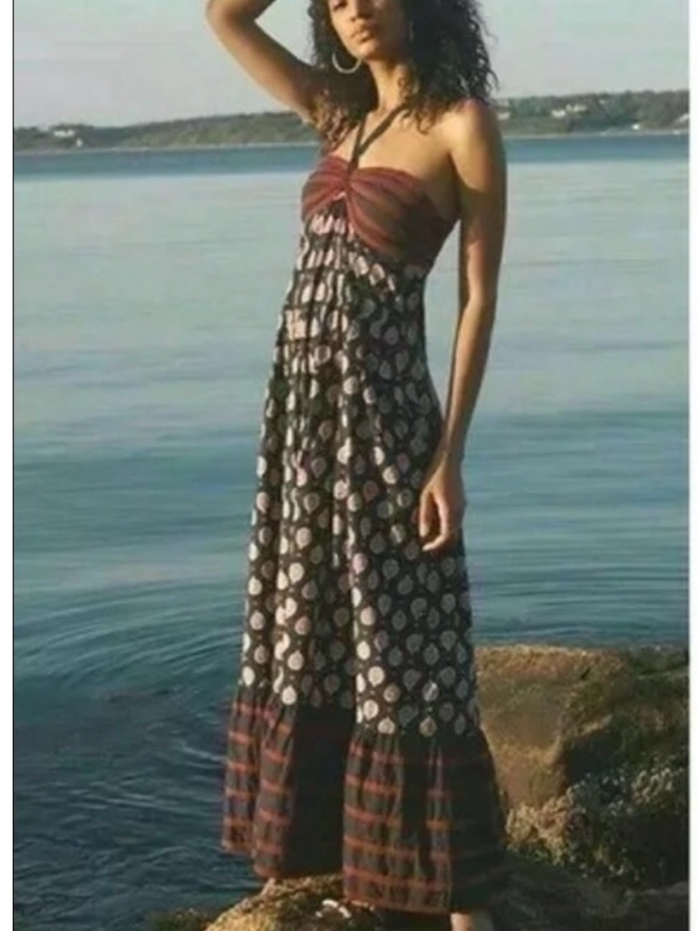Anthropologie Strapless Boho Maxi Dress in navy, cream and brown
